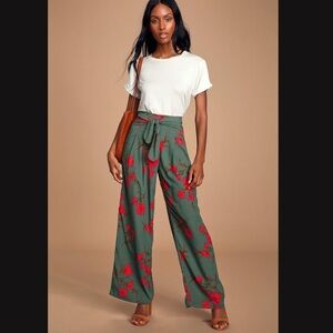 Lulus Breonna Teal Floral Print Tie-Front Wide-Leg Pants